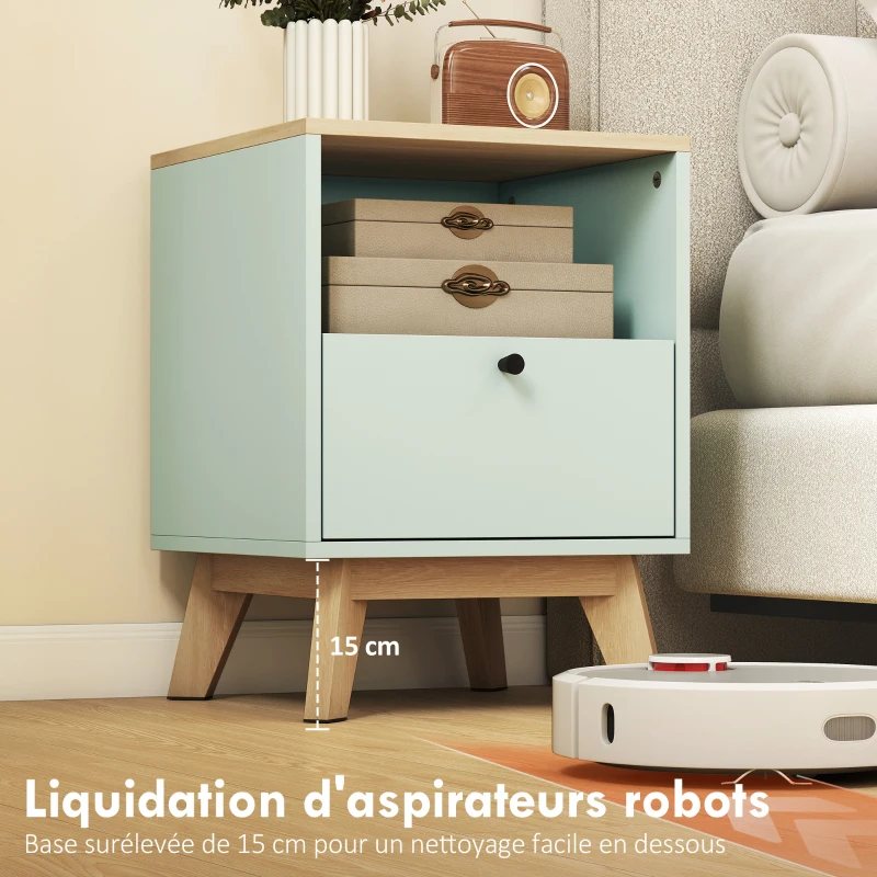 HOMCOM Lot de 2 tables de chevet, tables de nuit avec tiroir et compartiment ouvert, 40 x 40 x 55 cm, chêne et vert clair