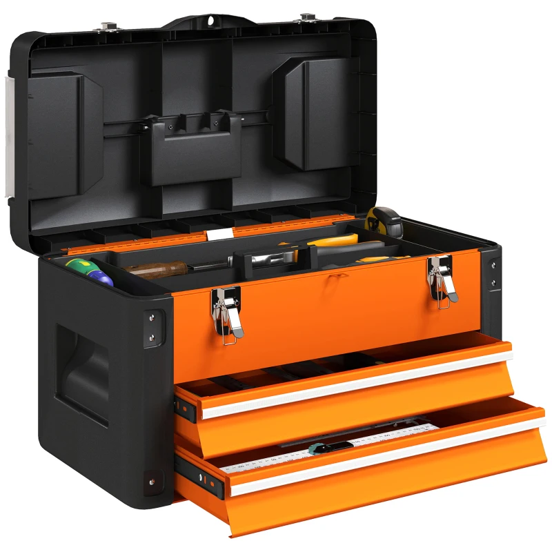 HOMCOM Gereedschapskist ongevuld, 49,7 x 25,3 x 28,9 cm gereedschapskist met lade, mini-box van staal, Oranje