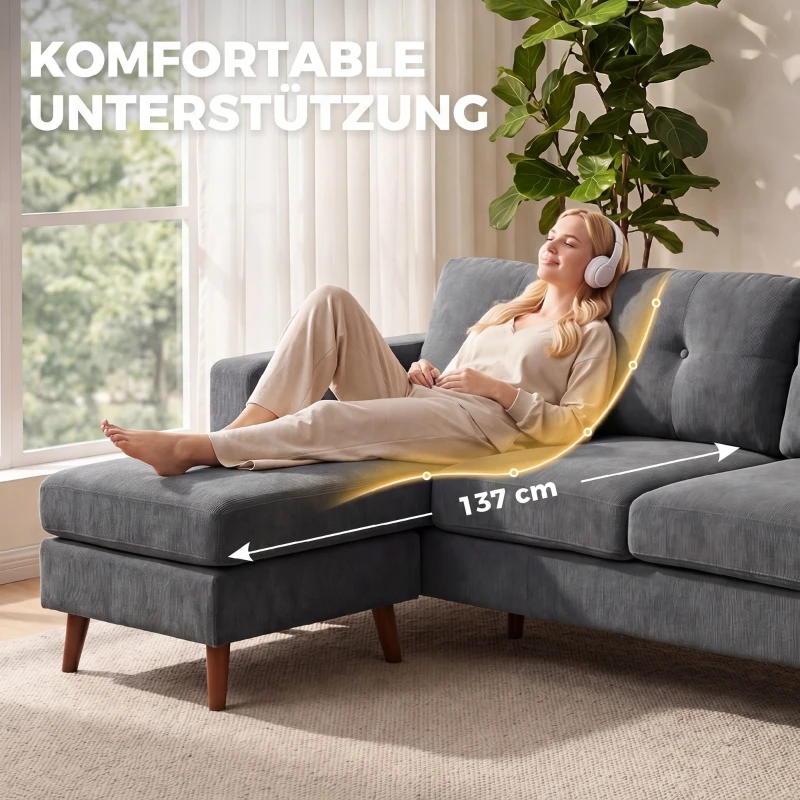 HOMCOM Ecksofa 192 cm L-Form 3-Sitzer Sofa mit umkehrbarer Chaiselongue, Cord-Optik, für kleinen Raum, Dunkelgrau