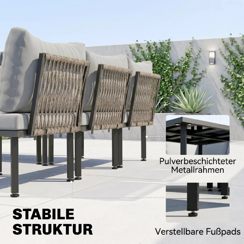Outsunny Lounge Tuinmeubelset 5-6 Personen Tuinlounge Set met 2-zits Tuinbank, 2 Stoelen, Hoekstoel, Lamellen-tafel, Voetenbank