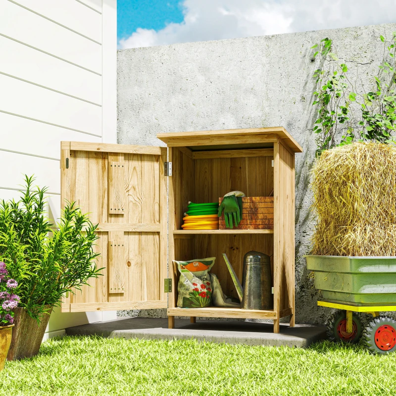 Outsunny Caseta de Jardín de Madera 63,5x40x90 cm Armario para Almacenaje de Herramientas con 2 Estantes y Puerta Natural
