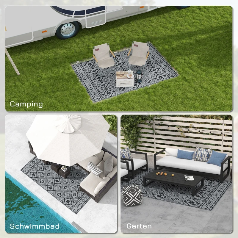 Outsunny Outdoor wendbaar tapijt, waterbestendig, geometrisch, 182x274cm, Zwart/Grijs