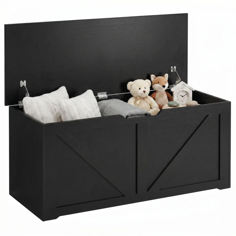 HOMCOM 127L Home Storage Box, with Safety Hinges - Black Wood-Effect