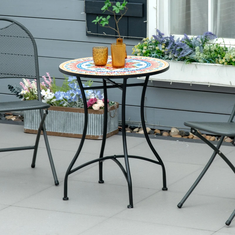Outsunny Tavolo da Giardino Tondo Ø60cm in Metallo e Mosaico, Arredamento da Esterno e Interno, Rosso