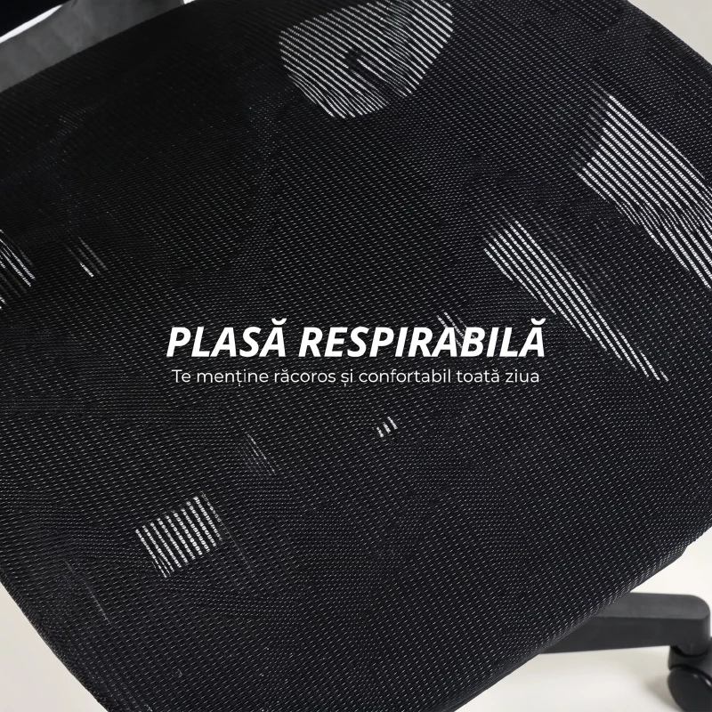 HOMCOM Scaun de Birou Ergonomic din Plasă cu Cotiere, Tetieră, Spătar Reglabil, Funcție Legănare, Negru