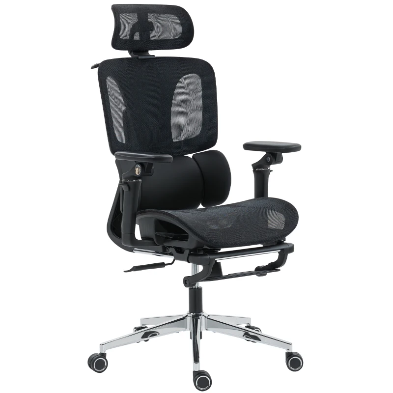 HOMCOM Scaun de Birou Ergonomic din Plasă cu Cotiere, Tetieră, Spătar Reglabil, Funcție Legănare, Negru