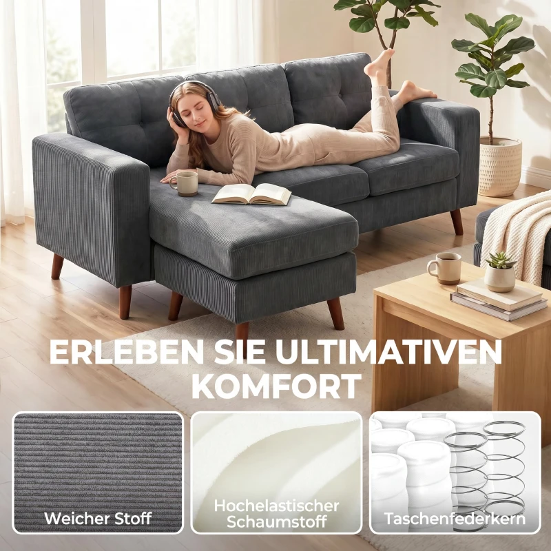 HOMCOM Ecksofa 192 cm L-Form 3-Sitzer Sofa mit umkehrbarer Chaiselongue, Cord-Optik, für kleinen Raum, Dunkelgrau