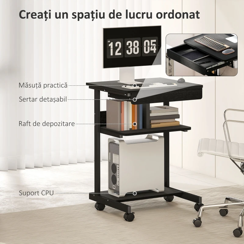 HOMCOM Birou PC cu Sertar Glisant, 2 Rafturi și 4 Roți, din Lemn și Metal, 56x51x79 cm, Negru