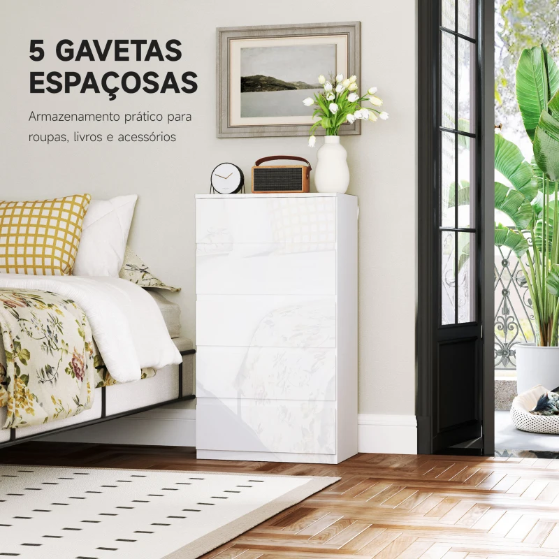 HOMCOM Cómoda com 5 Gavetas de Madeira Cómoda de Dormitório Cómoda Branca Estilo Moderno 55x33x80 cm Branco Brilhante