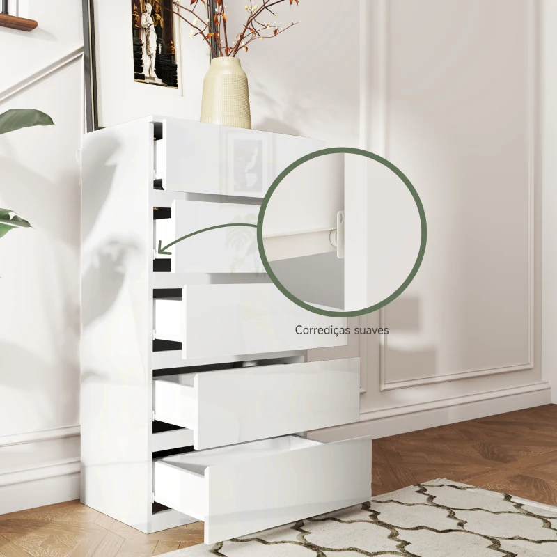 HOMCOM Cómoda com 5 Gavetas de Madeira Cómoda de Dormitório Cómoda Branca Estilo Moderno 55x33x80 cm Branco Brilhante