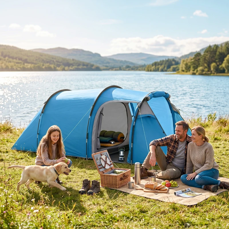 Outsunny Campingzelt, Wurfzelt für 2 Personen, Vorraum & Schlafbereich, wasserdicht, 426 x 206 x 154 cm, Hellblau