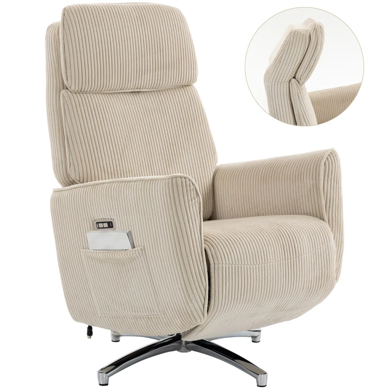 HOMCOM Elektrisch Verstelbare Relaxfauteuil met Ligfunctie, 2 Motoren Draaibare TV-Fauteuil met USB-Aansluiting