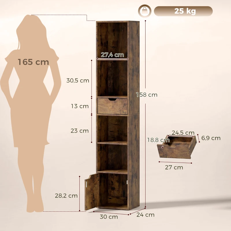 HOMCOM Estante de Livros Móvel de Arrumação com Gaveta Armário Compartimentos Abertos 30x24x158 cm Castanho