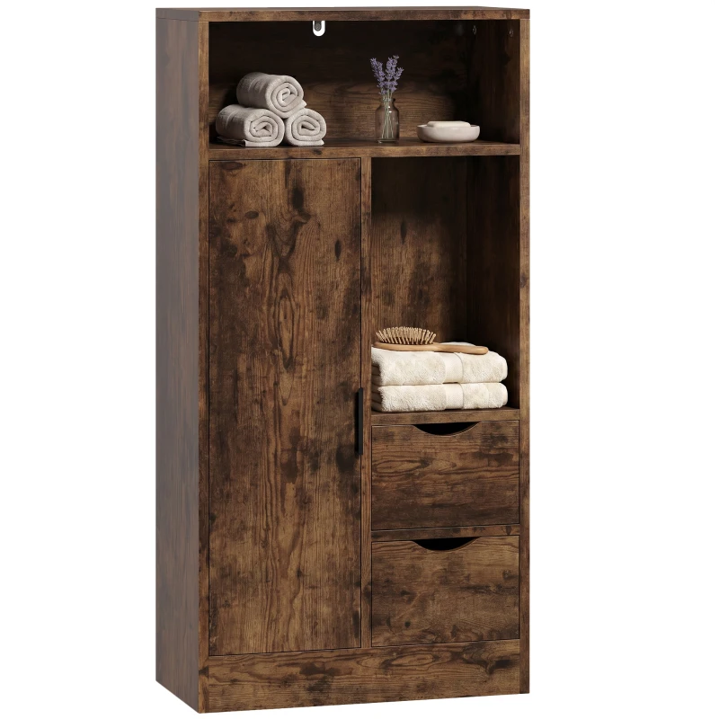 HOMCOM Meuble de Salle de Bain Slim avec Tiroirs, Compartiments Ouverts, Marron Rustique