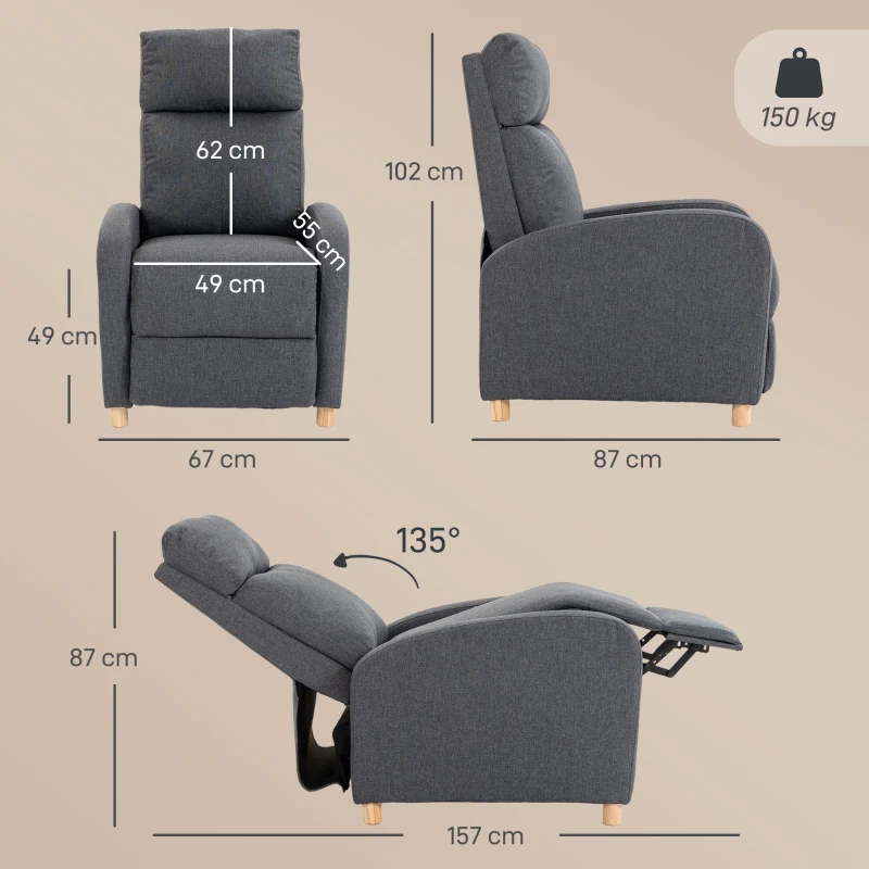 HOMCOM Poltrona Relax Reclinabile Manuale 135° con Poggiapiedi in Tessuto, Grigio Scuro