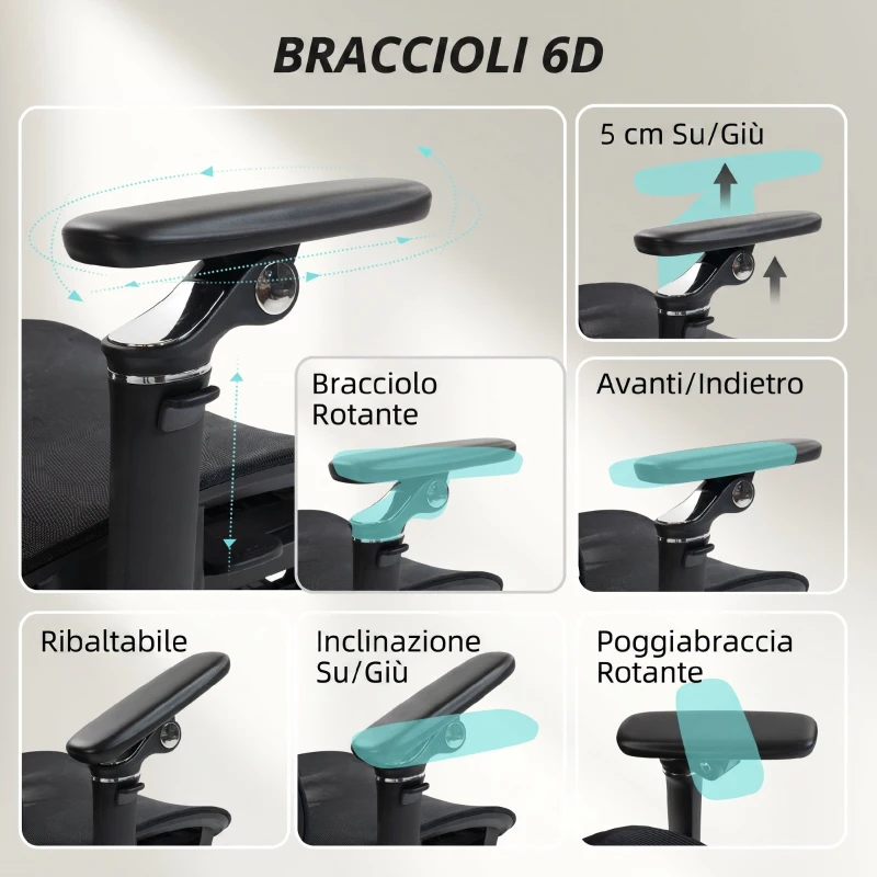 HOMCOM Sedia da Ufficio Ergonomica in Rete con Braccioli, Poggiatesta, Schienale Regolabili, Funzione Dondolo, Nero