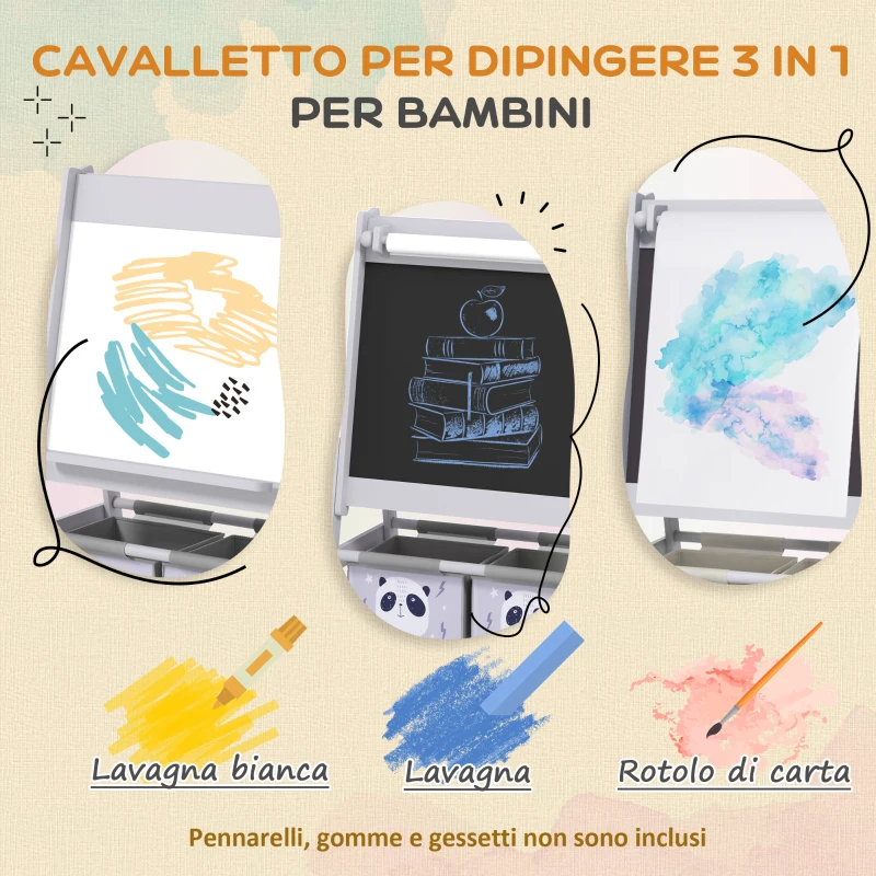 AIYAPLAY Lavagna per Bambini con Cavalletto 3 in 1 e 2 Contenitori, Età 3-8 anni, 54x46.5x93cm, Grigio