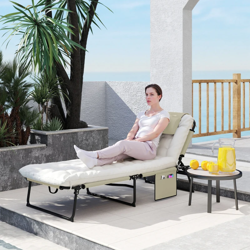 Outsunny Lettino da Giardino Pieghevole e Reclinabile con Tasca Laterale, 68x189x30 cm, Beige