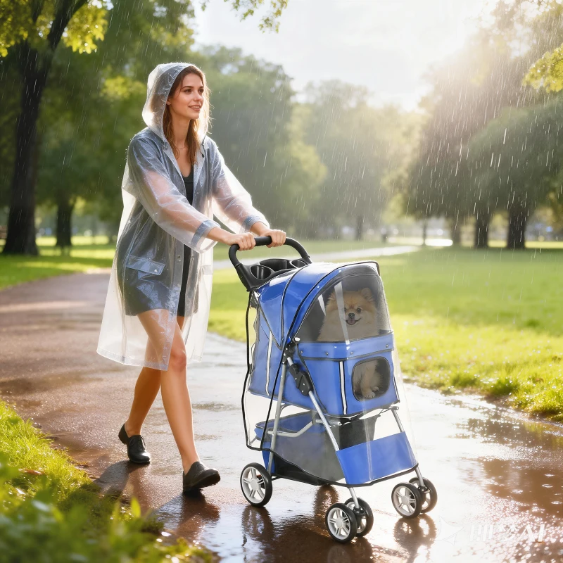 PawHut Passeggino per Cani Pieghevole con Copertura Antipioggia, Ruote Girevoli e Cuscino Lavabile, Blu