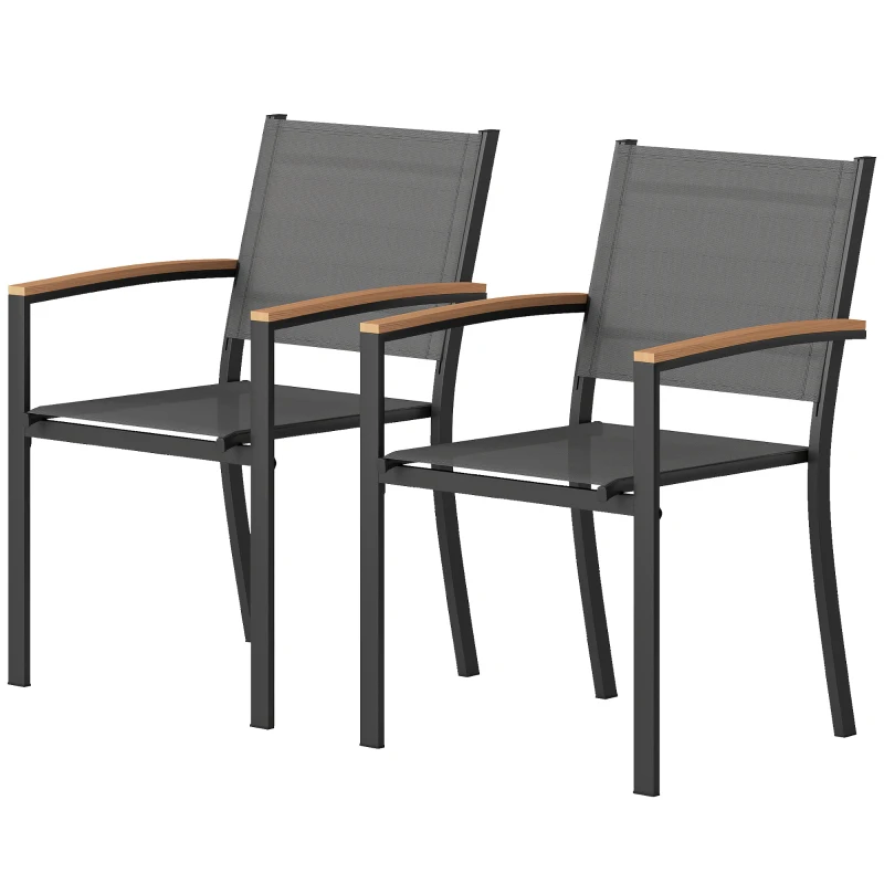 Outsunny Set 2 Sedie da Giardino in Texteline e Metallo con Braccioli Effetto Legno, 56x62x89 cm, Grigio