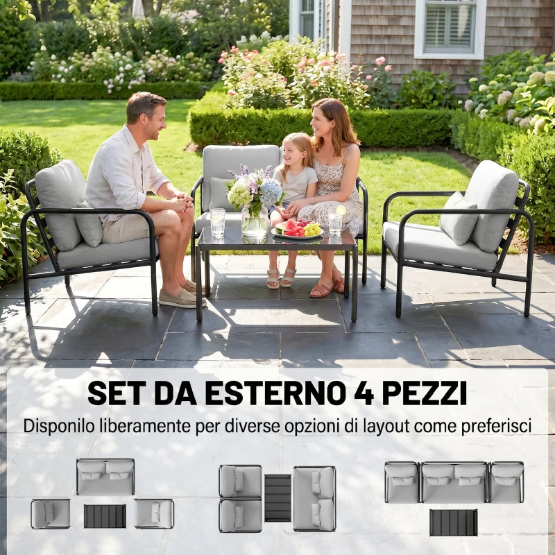 Outsunny Salotto da Giardino 4 Pezzi in Acciaio con Divano 2 Posti, 2 Poltrone e Tavolino, Grigio Chiaro