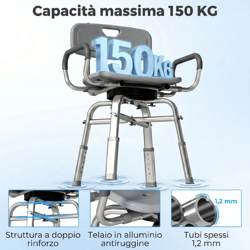 HOMCOM Sedia per Doccia Girevole ad Altezza Regolabile con Braccioli, Schienale, Capacità 150 kg, Grigio