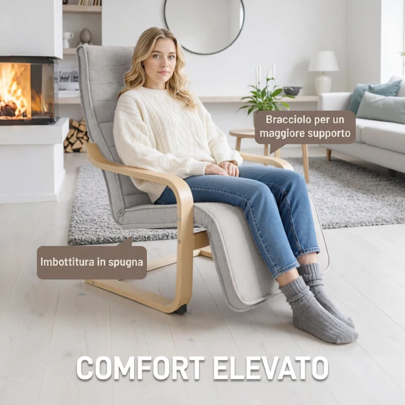 HOMCOM Poltrona Camera da Letto in Legno di Betulla e Tessuto Effetto Lino con Poggiapiedi Regolabile, Grigio Chiaro