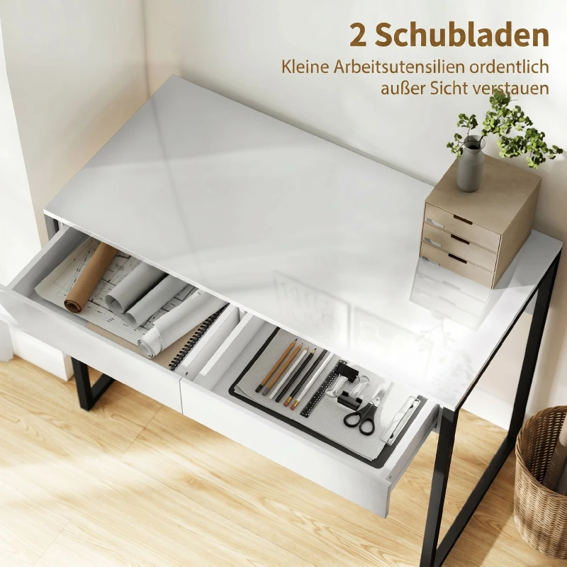 HOMCOM Schreibtisch 100 x 50 cm Computertisch Bürotisch mit 2 Schubladen, für kleine Räume, Weiß