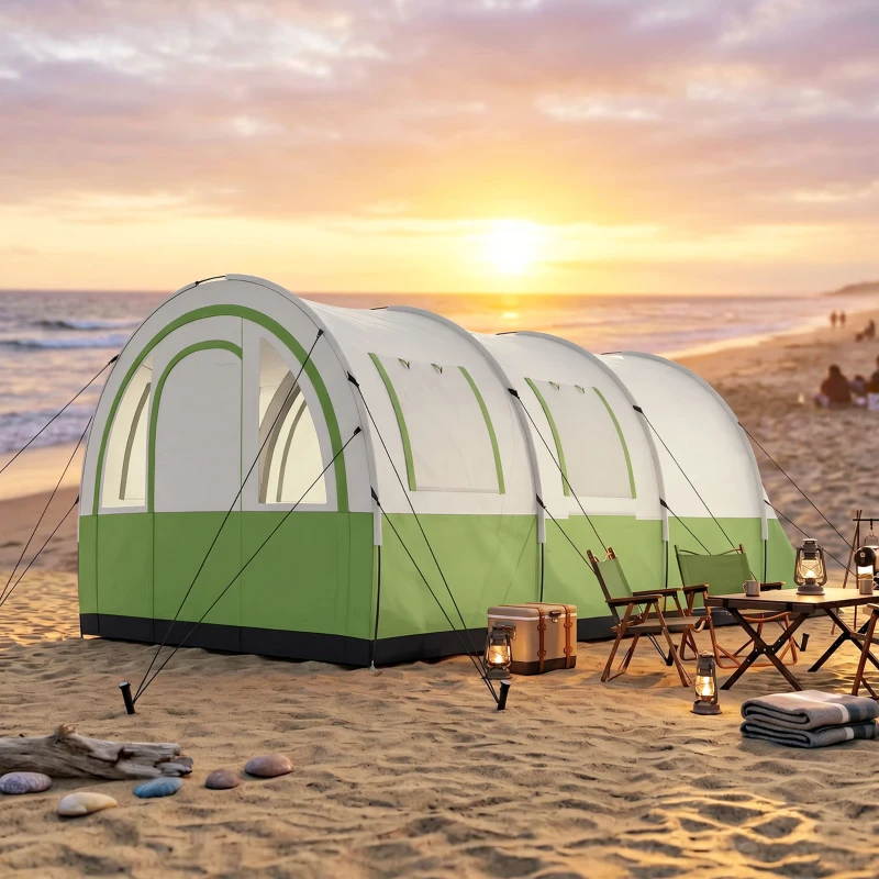 Outsunny Three Man Duo Room Tunnel Tent, with Accessories - Cream/Green