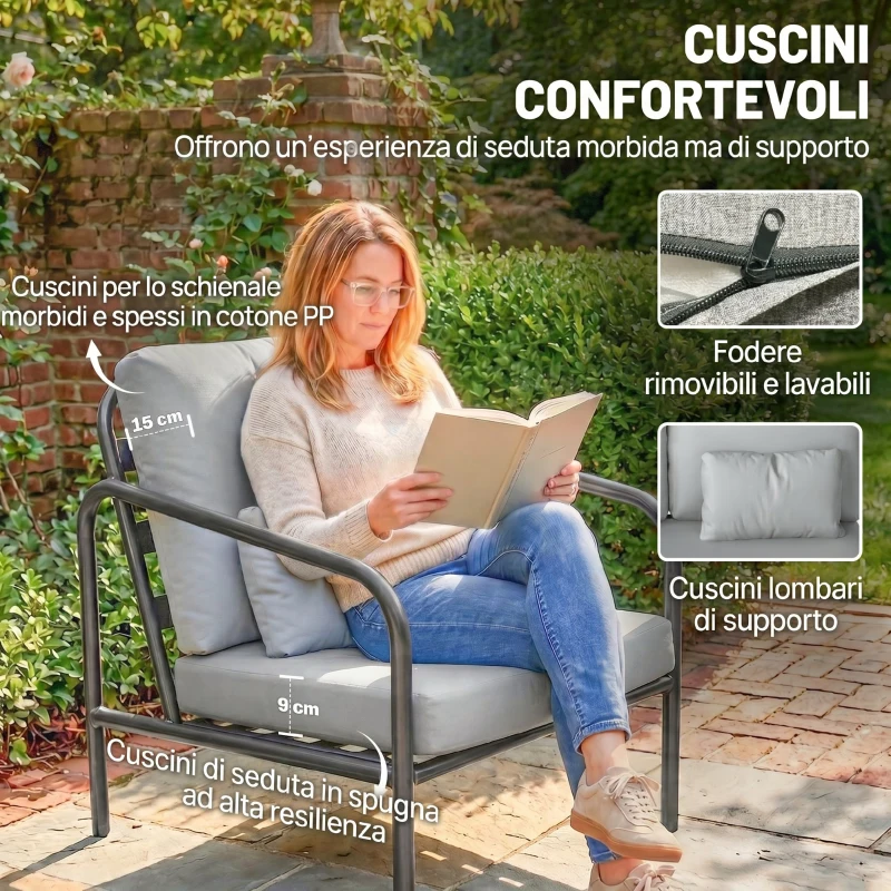 Outsunny Salotto da Giardino 4 Pezzi in Acciaio con Divano 2 Posti, 2 Poltrone e Tavolino, Grigio Chiaro