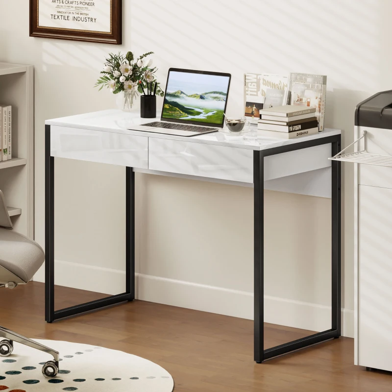 HOMCOM Escritorio 100x50 cm Mesa de Ordenador con 2 Cajones para Espacios Pequeños Negro