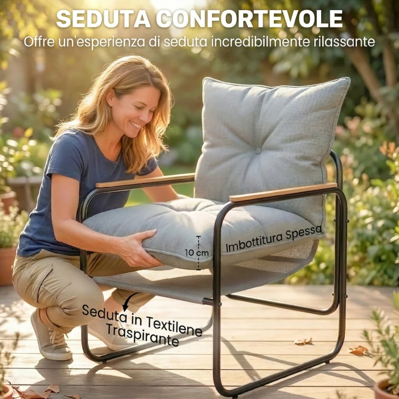 Outsunny Set Bistrò 3 Pezzi, Mobili Esterno Metallo con Cuscini, Grigio Scuro