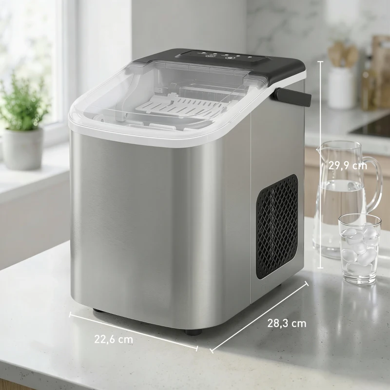 HOMCOM Macchina Ghiaccio 12kg in 24 Ore, 9 Cubetti in 7-10 Minuti di 2 Dimensioni, con Sistema Autopulente, Argento