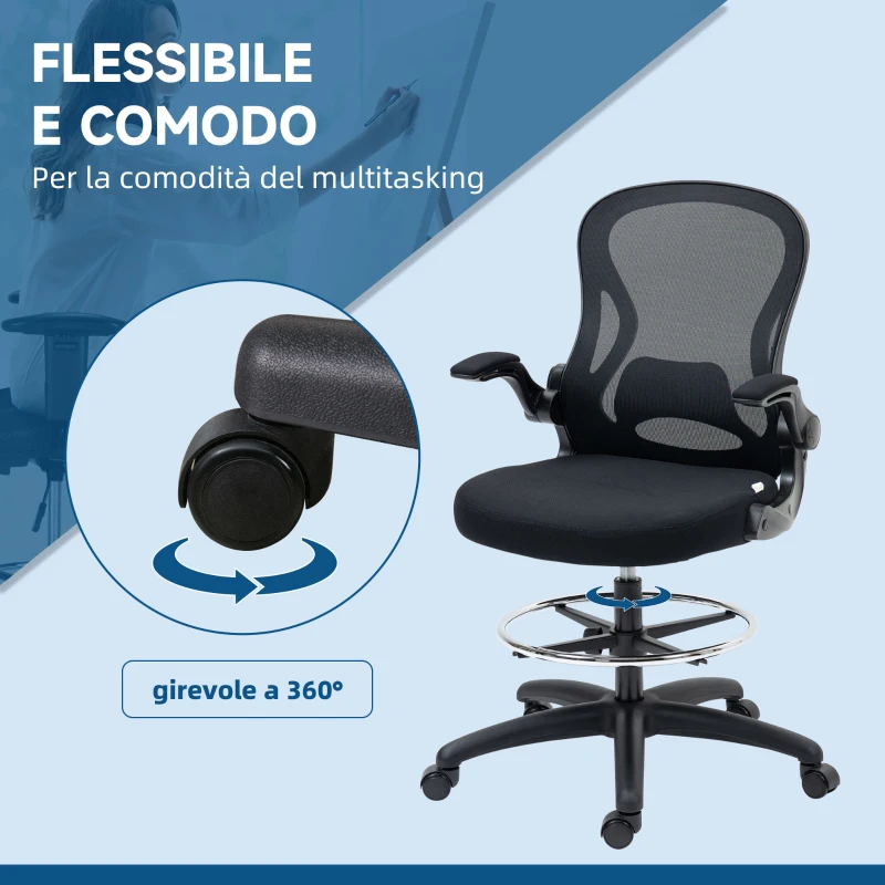 Vinsetto Sedia da Ufficio con Supporto Lombare, Altezza Regolabile e Braccioli Ribaltabili, 59x65x102-122 cm, Nero
