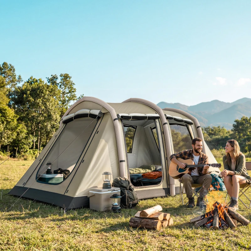Outsunny Aufblasbares Zelt 2-4 Personen Schneller Aufbau Outdoor Zelt für Camping mit Luftpumpe Mesh Fenster Heringen Vordach