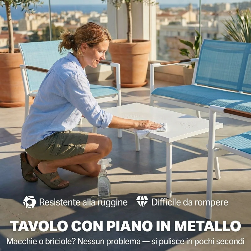 Outsunny Set Giardino 4 Posti Divano, Poltrone, Tavolo in Metallo, Blu.