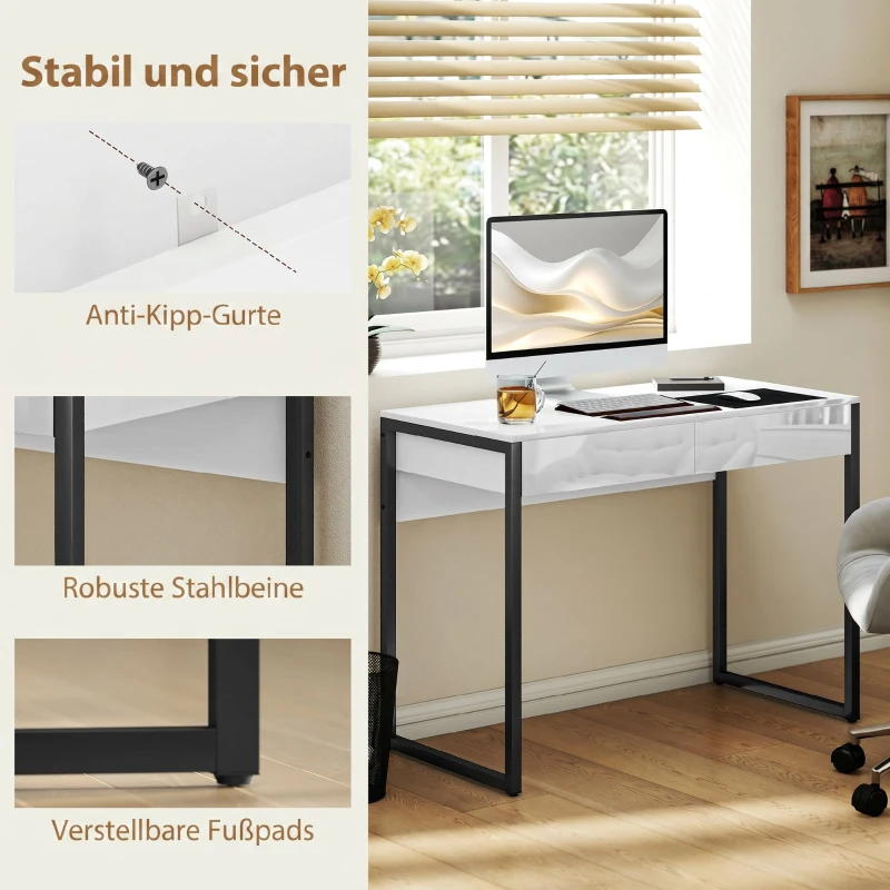 HOMCOM Schreibtisch 100 x 50 cm Computertisch Bürotisch mit 2 Schubladen, für kleine Räume, Weiß