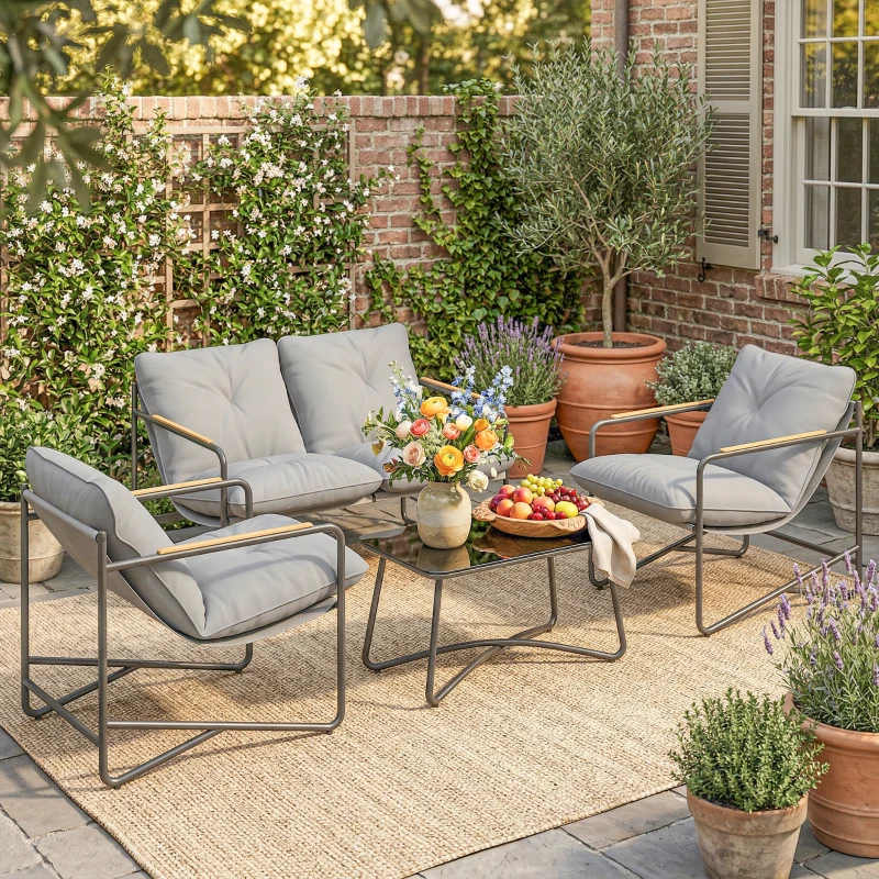 Outsunny Salotto da Giardino 4 Posti con Divanetto 2 Posti e 2 Poltrone con Cuscini, Grigio Chiaro