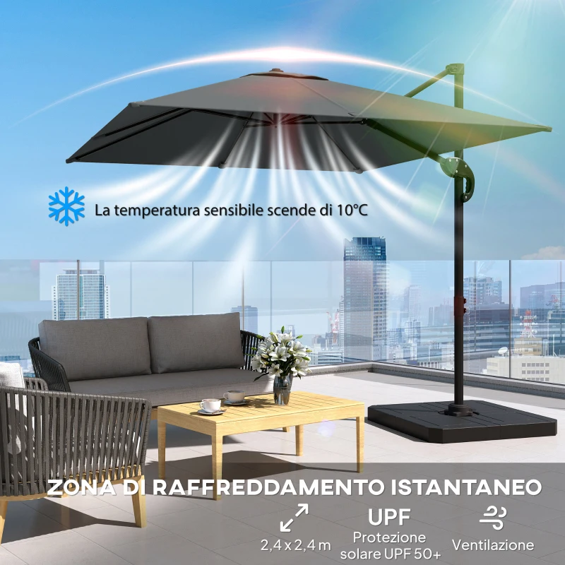 Outsunny Ombrellone da Giardino a Manovella 2.4x2.4m con Base Riempibile e Girevole, Grigio Scuro