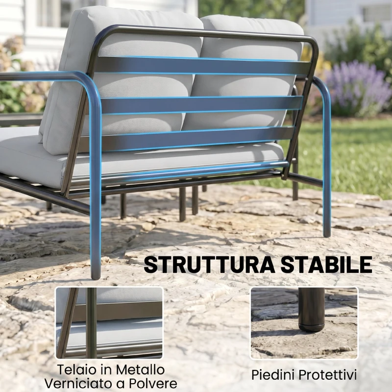 Outsunny Salotto da Giardino 4 Pezzi in Acciaio con Divano 2 Posti, 2 Poltrone e Tavolino, Grigio Chiaro