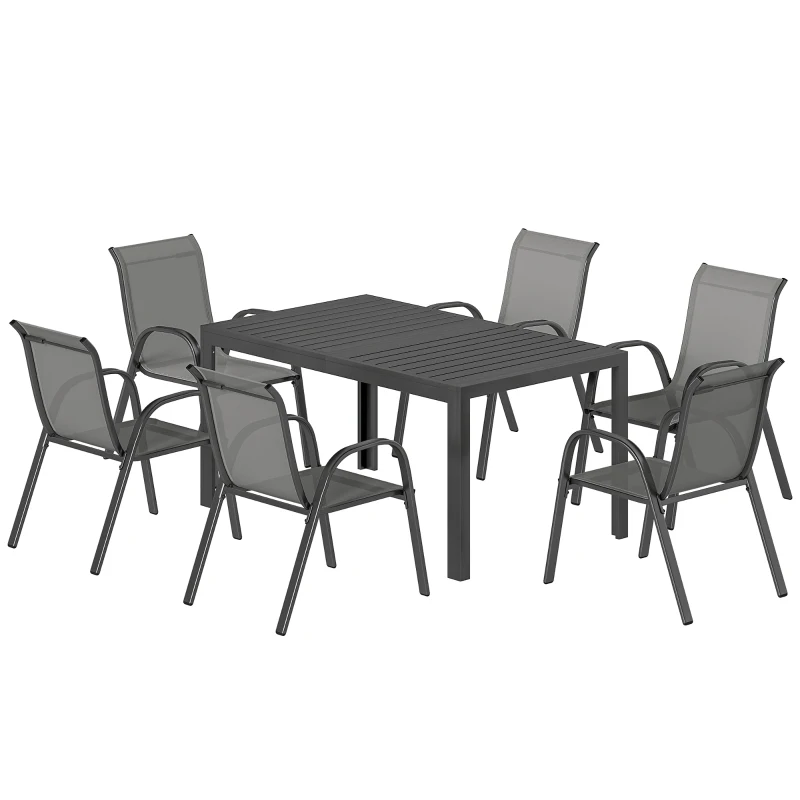 Outsunny Set da Esterno 7pz in Acciaio con Tavolo Rettangolare e 6 Sedie Impilabili in Texteline, Grigio Chiaro