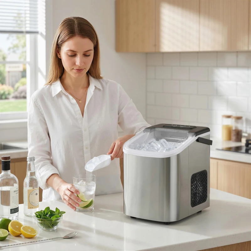 HOMCOM Macchina Ghiaccio 12kg in 24 Ore, 9 Cubetti in 7-10 Minuti di 2 Dimensioni, con Sistema Autopulente, Argento