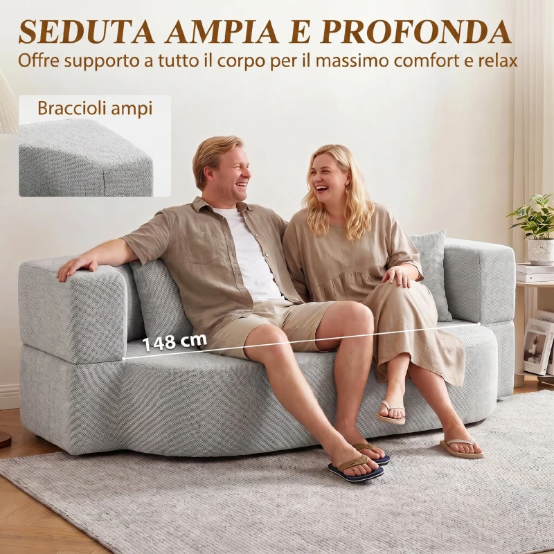 HOMCOM Divano Letto 2 Posti 2 in 1 con 2 Cuscini Sfoderabili, Braccioli e Seduta Imbottita, in Ciniglia, Grigio Chiaro