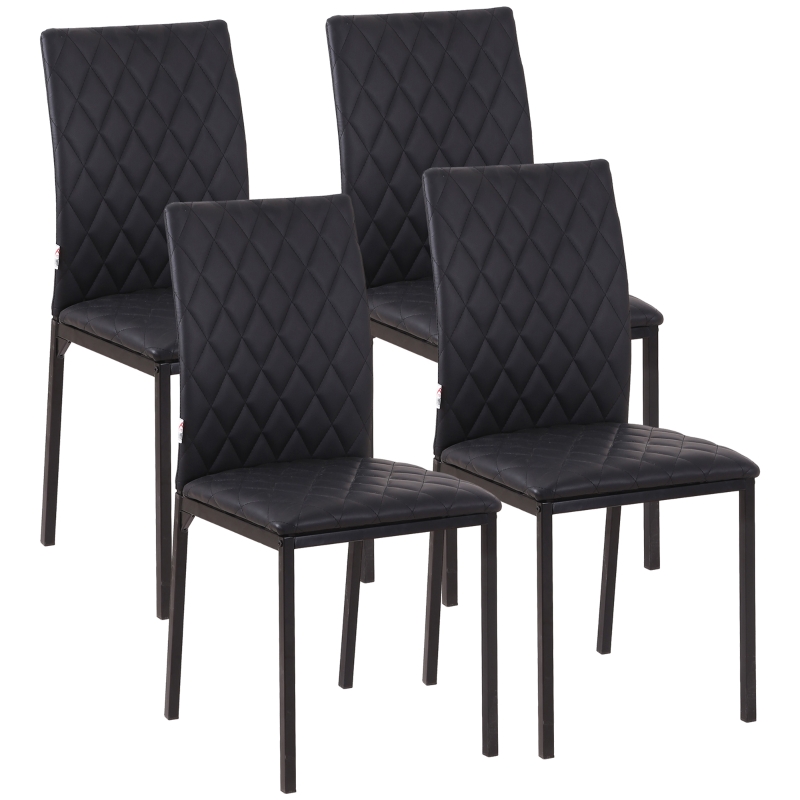 HOMCOM Set 4 Sedie da Pranzo in Finta Pelle con Cuciture a Rombi e Gambe in Metallo, Nero