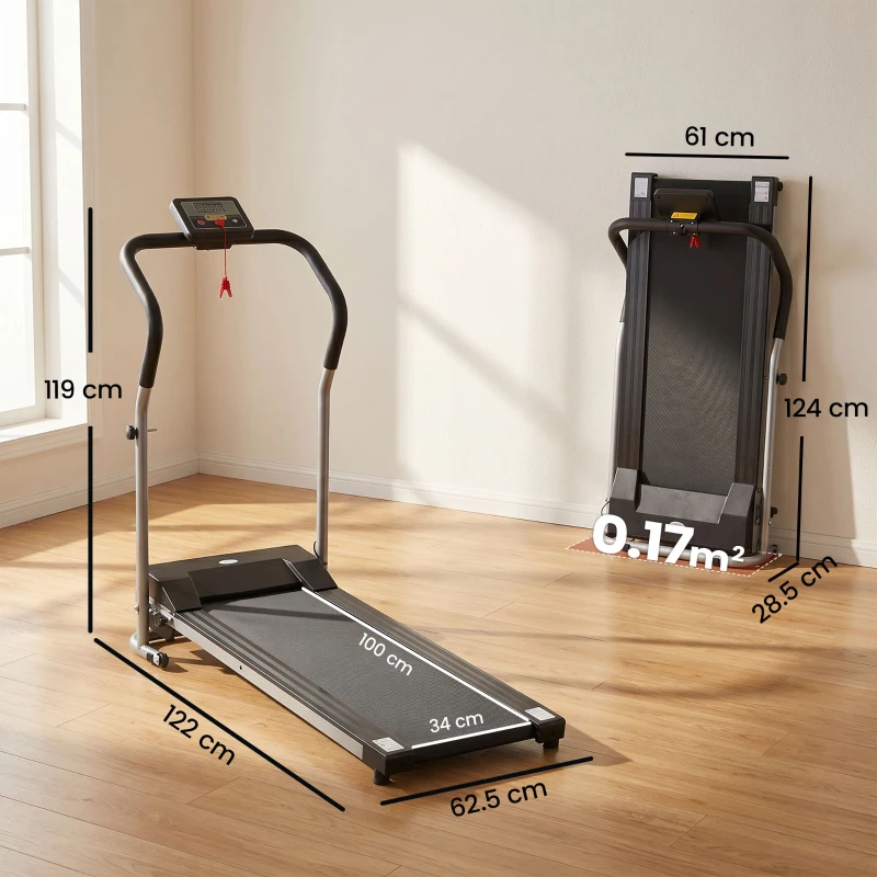 HOMCOM Tapis Roulant Elettrico Pieghevole, Tapis Roulant Elettrico Portatile 1.25HP con Schermo LCD, Velocità 1-10 km/h, Ruote, Allenamento per Casa, Ufficio, Palestra, Nero e Grigio