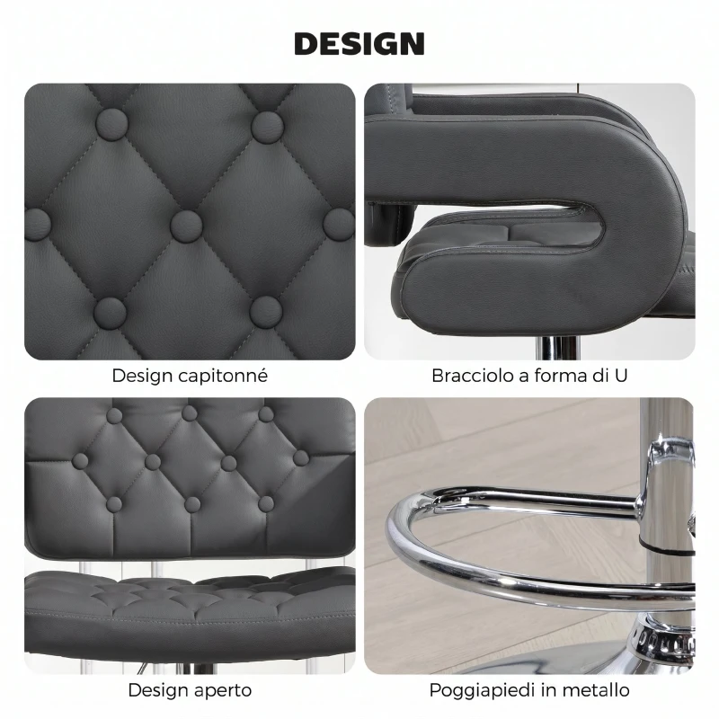 HOMCOM Sgabello da Bar Regolabile, Seduta Extra Large Girevole in Similpelle PU, Grigio