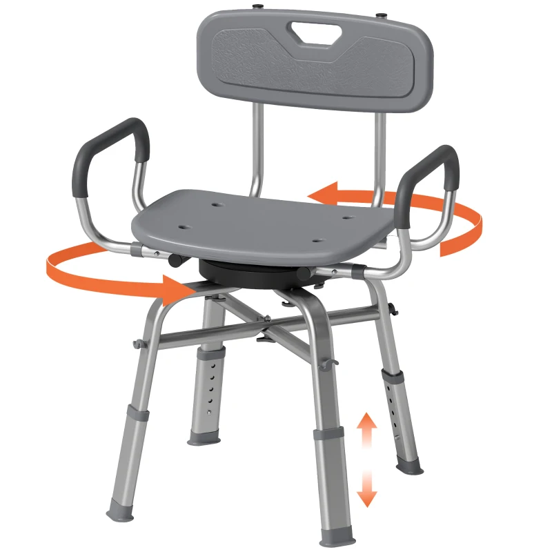 HOMCOM Sedia per Doccia Girevole ad Altezza Regolabile con Braccioli, Schienale, Capacità 150 kg, Grigio