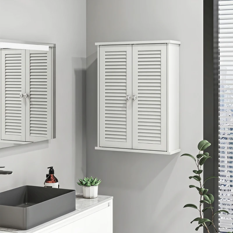 HOMCOM Armario Mural de Baño Mueble de Almacenamiento Suspendido con 2 Puertas Tipo Persiana y Estante Ajustable Blanco
