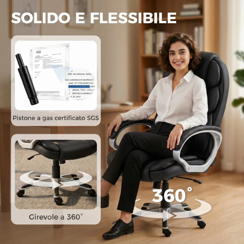 HOMCOM Sedia da Ufficio Ergonomica Girevole in Pelle PU con Dondolo e Altezza Regolabile, Nero