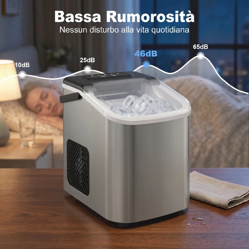 HOMCOM Macchina Ghiaccio 12kg in 24 Ore, 9 Cubetti in 7-10 Minuti di 2 Dimensioni, con Sistema Autopulente, Argento